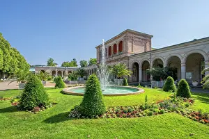 Arcade Prints: Arcade building and fountain in the spa gardens, Bad Kissingen, Bavaria, Germany