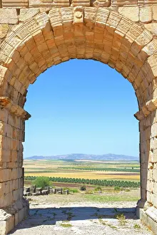 Triumphal Arch Prints: A detail of the Arch of Caracalla (Triumphal Arch) in the ancient Roman ruins of Volubilis
