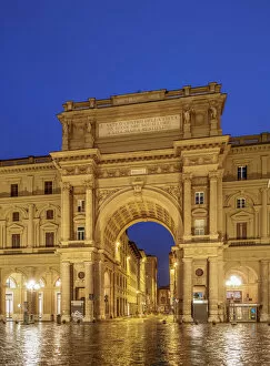 Daybreak Gallery: Arch over Via degli Strozzi at dawn, Piazza della Repubblica, Florence, Tuscany, Italy