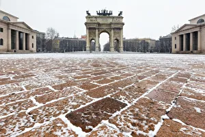 Flooring Prints: Arch of Peace after a snowfall. Milan, Lombardy, Northern Italy, Italy