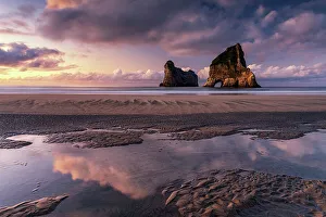 Tasman Sea Prints: Archway Islands & Tide Pool Reflections, Wharariki Beach, South Island, New Zealand