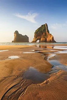 Archway sea stacks in the Tasman sea at Wharariki beach, Nelson, South Island