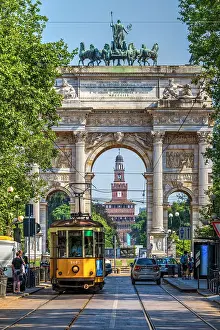 Vintage Prints: Arco della Pace triumphal arch and Castello Sforzesco (Sforza's Castle) in the background