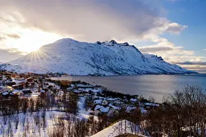 Back Lit Prints: Arctic sunset over traditional houses on shores of Ersfjorden, Troms og Finnmark, Norway