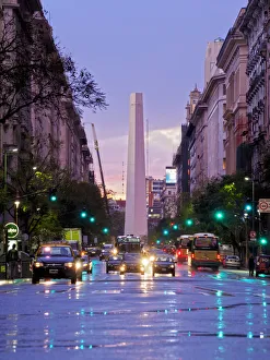 Argentina, Buenos Aires Province, City of Buenos Aires, Twilight view of Av Pres