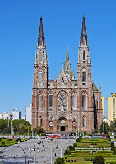 Argentina, Buenos Aires Province, La Plata, View of the Plaza Moreno and the Cathedral