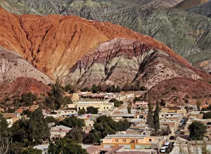 Argentina, Jujuy Province, Purmamarca, Elevated view of the town and the Hill of Seven