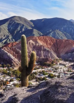 Argentina, Jujuy Province, Purmamarca, Elevated view of the town and the Hill of Seven