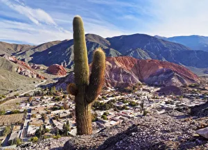 Argentina, Jujuy Province, Purmamarca, Elevated view of the town and the Hill of Seven