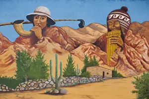 Argentina, Jujuy Province, Quebrada de Humamuaca canyon, Tilcara, Inca-themed wall mural