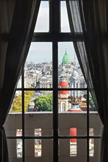 Palazzo Prints: The Argentine National Congress and La Inmobiliaria domes seen from a window of the Palacio Barolo building
