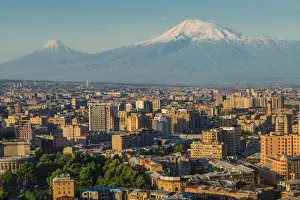 Armenia, Yerevan, The Cascade, high angle view of the city and Mt. Ararat
