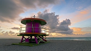 Art Deco style Lifeguard hut on South Beach, Ocean Drive, Miami Beach, Miami, Florida