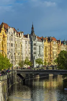Stare Mesto Prints: Art nouveau buildings along Vltava River, Prague, Bohemia, Czech Republic