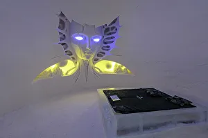 Absence Gallery: Artistic ice sculptures in shape of an alien face in a hotel suite, Lainio Snow Village, Kittila