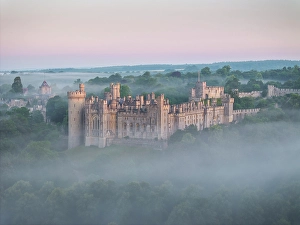 July Prints: Arundel Castle on a beautiful misty morning, West Sussex, England. Summer (July) 2024