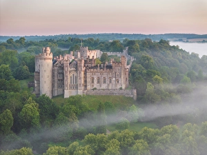 West Sussex Prints: Arundel Castle on a beautiful misty morning, West Sussex, England. Summer (July) 2024