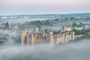 July Prints: Arundel Castle on a beautiful misty morning, West Sussex, England. Summer (July) 2024