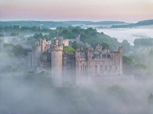 July Prints: Arundel Castle on a beautiful misty morning, West Sussex, England. Summer (July) 2024