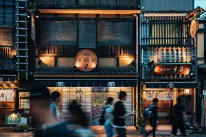 Scene Prints: Asakusa, Tokyo, Japan. Long exposure of traditional buildings with signs