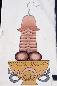 Out Side Prints: Asia, Bhutan, Phobjikha Valley, phallic painting on Hotel Gakiling