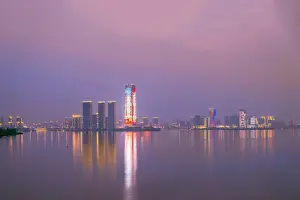 Asia, China, Jiangsu province, the skyline of Yixing city with Lake Taihu in