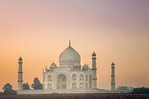 Taj Mahal Prints: Asia, India, Agra, Taj Mahal, exterior of the Taj Mahal at dawn with golden morning light