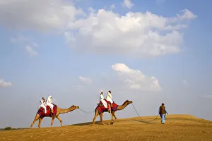 Asia, India, Rajasthan, Jaisalmer, people riding camels