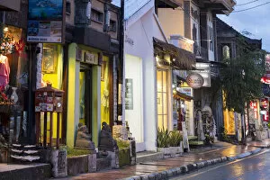Asia, Indonesia, Bali, Ubud, street scene with illuminated shops in rain