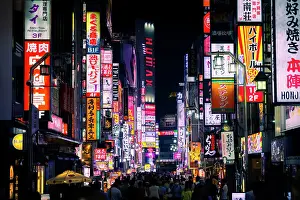 Crowd Prints: Asia, Japan, Tokyo, Shinjuku, Kabukicho neon signs and crowd