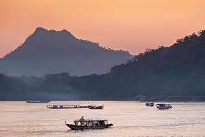 Laotian Prints: Asia, Laos, Mekong Valley, Mekong River in Northern Laos; riverscape at dawn