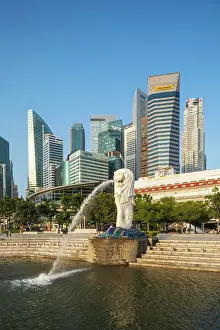 Merlion Statue Prints: Asia, Singapore, Merlion Statue and City Business Area Skyline