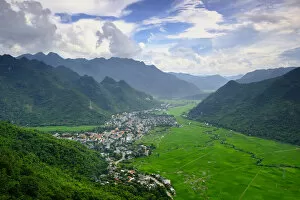 Images Dated 23rd October 2017: Asia, South East Asia, Vietnam, Mai Chau, elevated view of rice paddies and the town