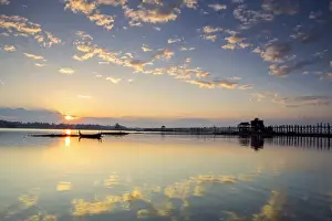 U Bein Prints: Asia, Southeast Asia, Myanmar, Mandalay; U Bein teak bridge and the Taungthaman Lake