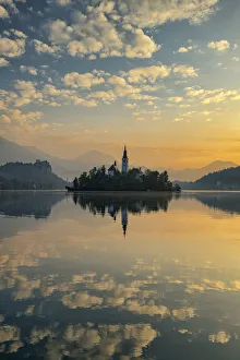 Skies Prints: Assumption of Marys Pilgrimage Church at Dawn, Lake Bled, Slovenia