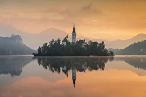 Assumption of Marys Pilgrimage Church at Dawn, Lake Bled, Slovenia