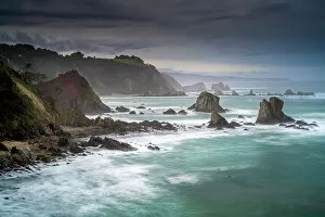 Bay Of Biscay Collection: Asturian coastline in stormy weather, Playa del Silencio, Cudillero, Asturias, Spain