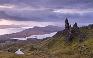 Old Man Prints: Atmospheric sunrise above the Old Man of Storr on the Isle of Skye, Scotland. Autumn