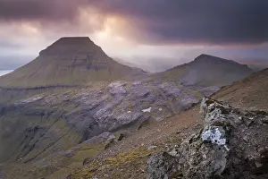 Atmospheric sunset over Skaelingur mountain on the island of Streymoy, Faroe Islands