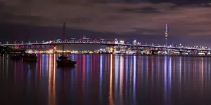Images Dated 1st November 2019: Auckland Harbour Bridge reflections at night, Auckland, New Zealand