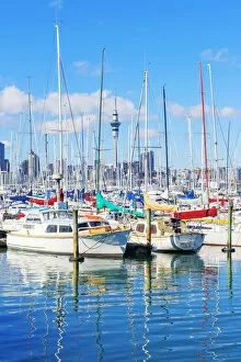 Auckland skyline from Westhaven Marina, Auckland, North Island, New Zealand
