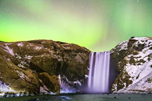 Skogafoss Prints: Auror Borealis over Skogafoss waterfall, Vik, Southern Iceland Iceland, Europe