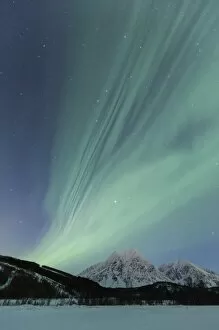 Aurora Borealis illuminates the landscape with views of the Lyngen Alps. Svensby