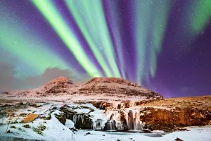 Aurora Borealis Prints: Aurora Borealis over Kirkjufell Waterfall, Snaefellsnes National Park