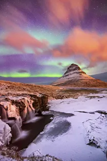 Aurora Borealis Prints: Aurora Borealis over Kirkjufell Waterfall, Snaefellsnes National Park