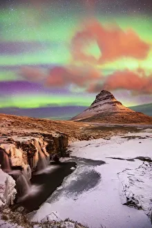 Aurora Prints: Aurora Borealis over Kirkjufell Waterfall, Snaefellsnes National Park