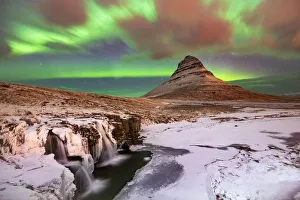 Aurora Borealis Prints: Aurora Borealis over Kirkjufell Waterfall, Snaefellsnes National Park