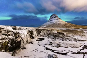 Aurora Prints: Aurora Borealis over Kirkjufell Waterfall, Snaefellsnes National Park