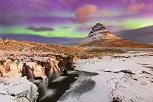 Aurora Prints: Aurora Borealis over Kirkjufell Waterfall, Snaefellsnes National Park