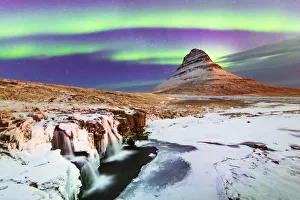 Aurora Prints: Aurora Borealis over Kirkjufell Waterfall, Snaefellsnes National Park